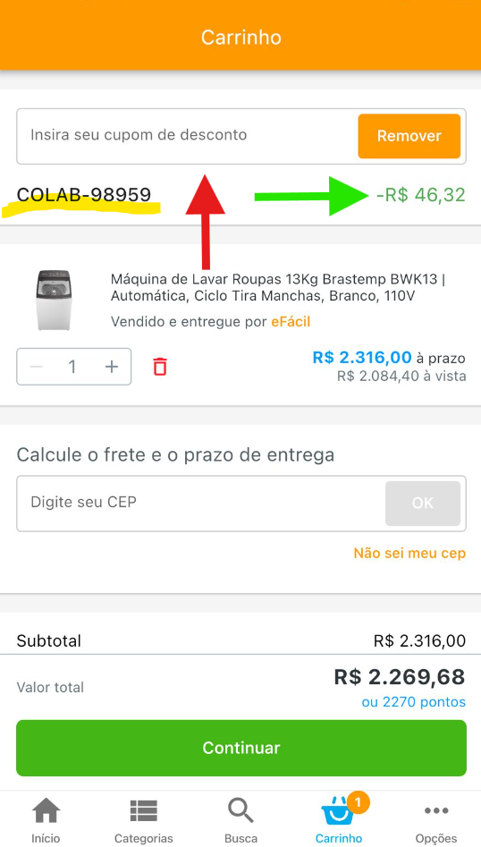 Exemplo de onde inserir o cupom COLAB-98959 no eF&aacute;cil pelo celular