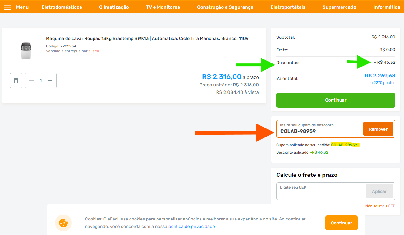 Exemplo de onde inserir o cupom COLAB-98959 no eF&aacute;cil pelo computador